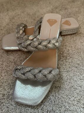 Mi.iM Metallic Silver Rhinestone Braided Slide Mules 9